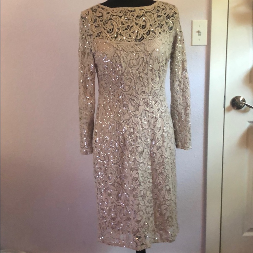 Champagne sequined stretchy formal dress.